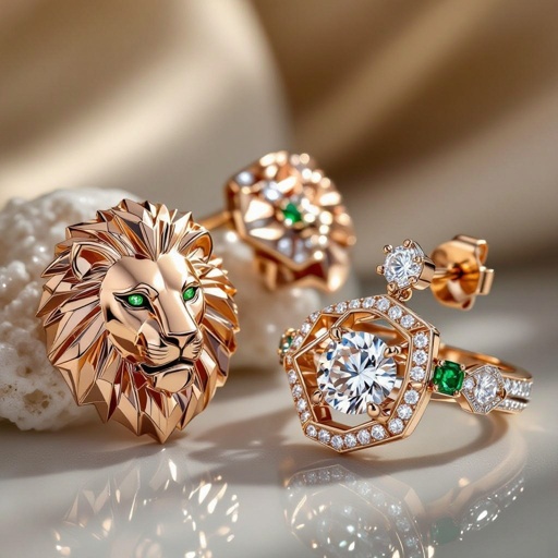 Earrings set of Lion king edges Geometric lion ring of rose gold and white goldGeomatricw lion of architecture shape and edge of diamonds and emerlad of rose gold 