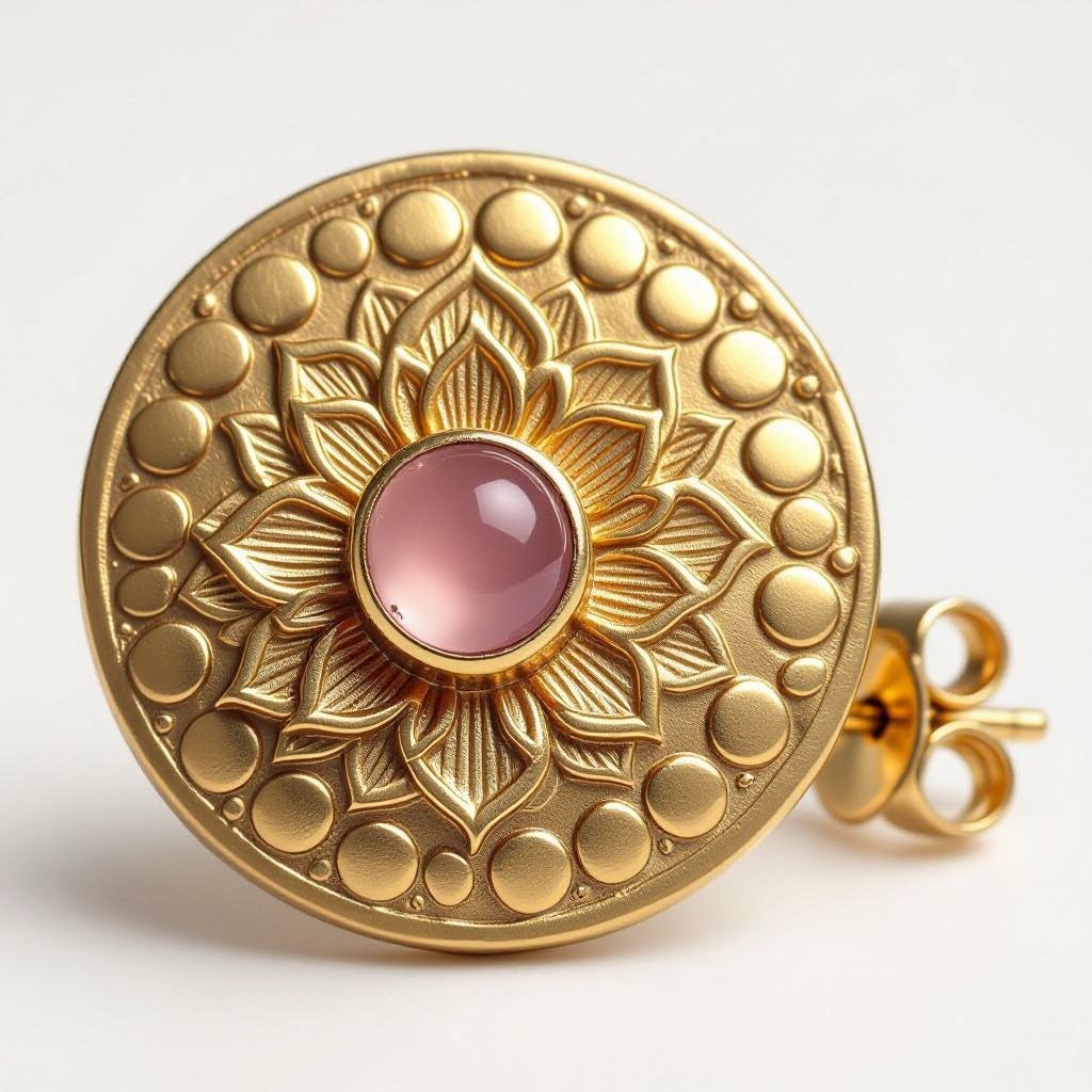 Золотые матовые серьги. Подвеска в виде круга. По окружности выпуклые маленькие точки. В центре выгравирован узор в форме лотоса. В центре лотоса маленький камень из розового кварца