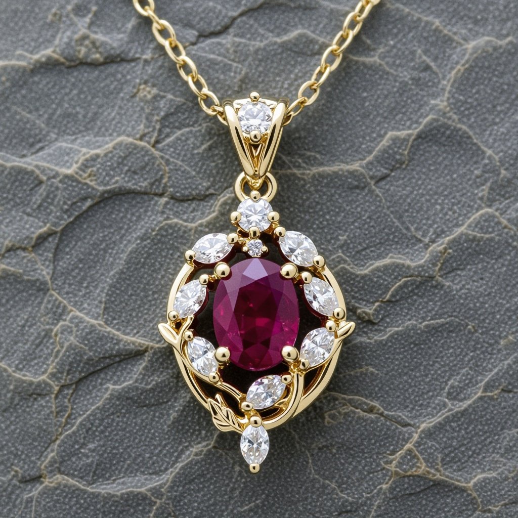 7x5mm oval pigeon blood ruby with 8 marquis cut diamonds each .08ct set in white gold pendant 