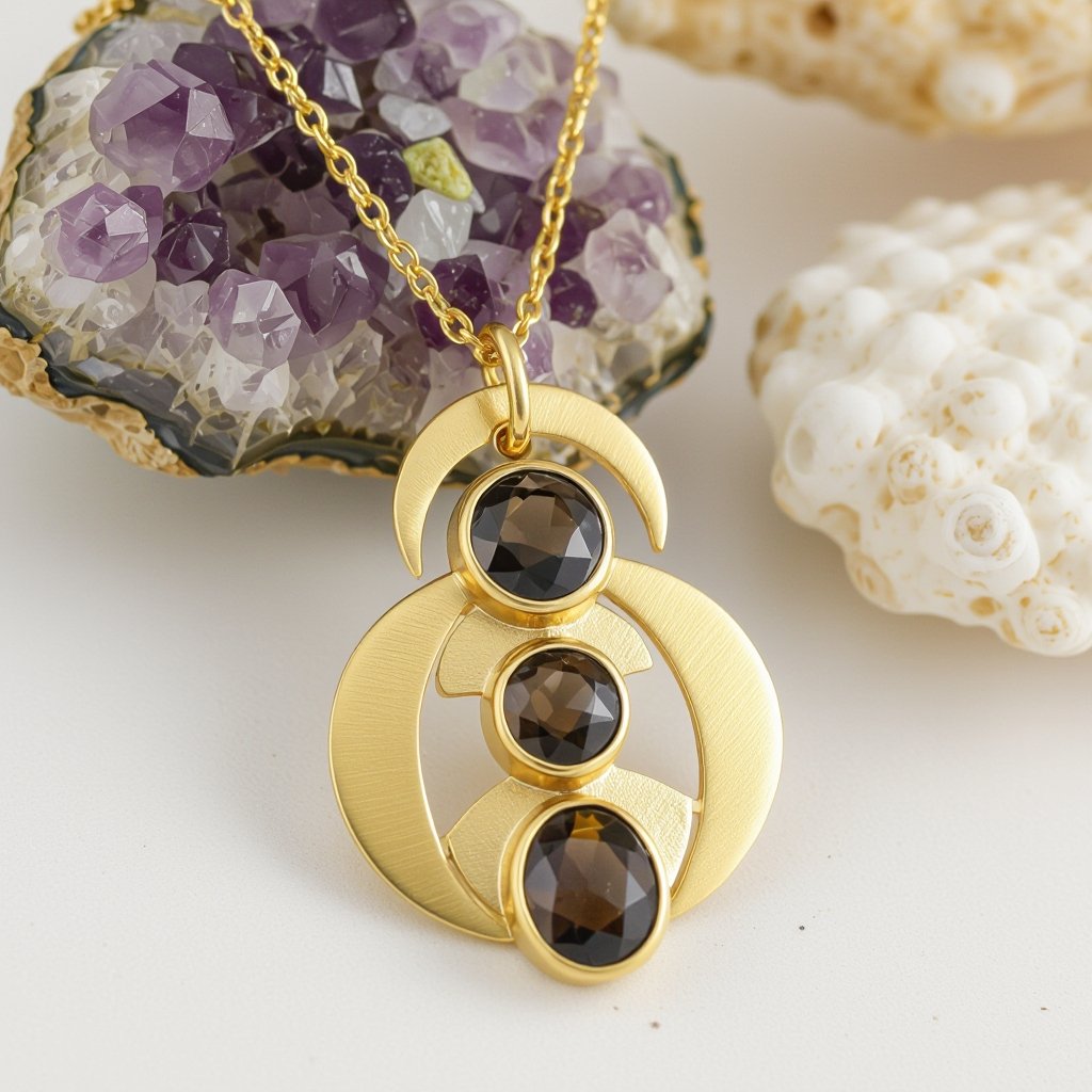  Подвеска из трех полумесяцев с узорами и камнями раухтопаза из матового неровного светлого золота с узорами соединенных цепочкой сверху самый широкий полукруг дальше средний и снизу самый маленький