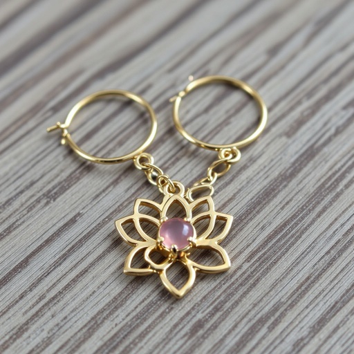 Серьги небольшие кольца, подвеска в виде золотого лотоса шестью лепестками с маленьким розовым кварцем по центру