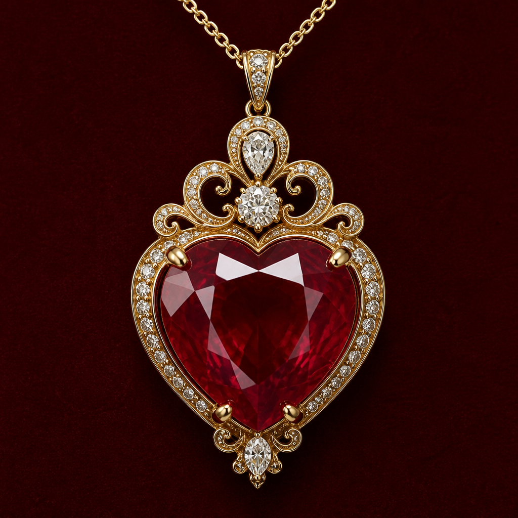 Elegant luxury red ruby heart pendant with royal luxury vibes
photorealistic jewelry design, Elegant luxury red ruby heart pendant with royal luxury vibes, just the design no text