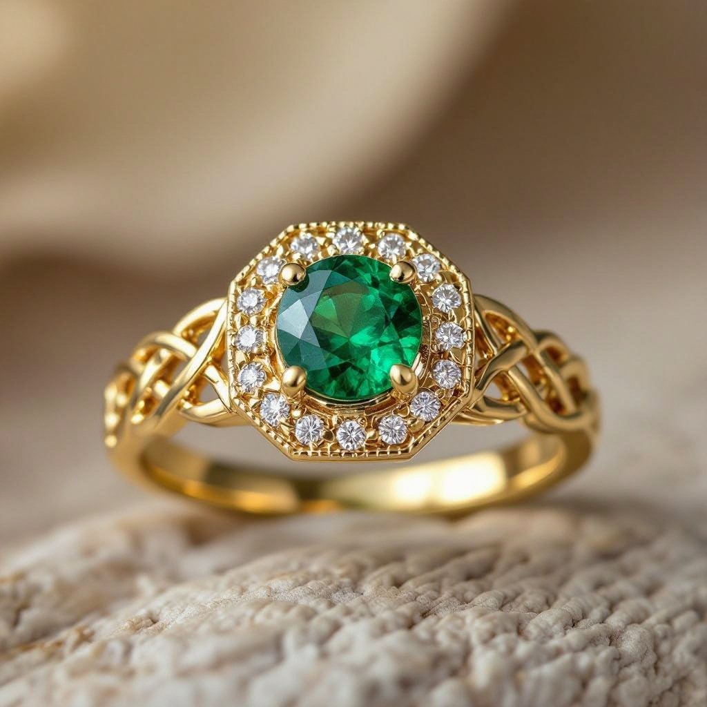 Anillo en oro con esmeralda trapiche redonda y diamantes al rededor que forme un hexágono en el metal