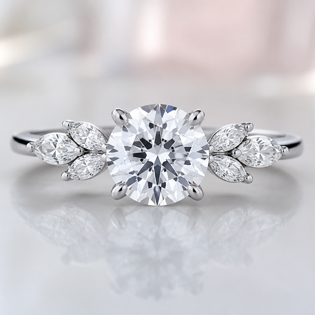 A women's ring. create ring using center round shape diamond 2ct ( 8.08mm) marquise on the side 3 pieces on each side ( 5.54 x 2.80 mm )
photorealistic jewelry design, A women's ring. create ring using center round shape diamond 2ct ( 8.08mm) marquise on the side 3 pieces on each side ( 5.54 x 2.80 mm ), modern style, just the design no text