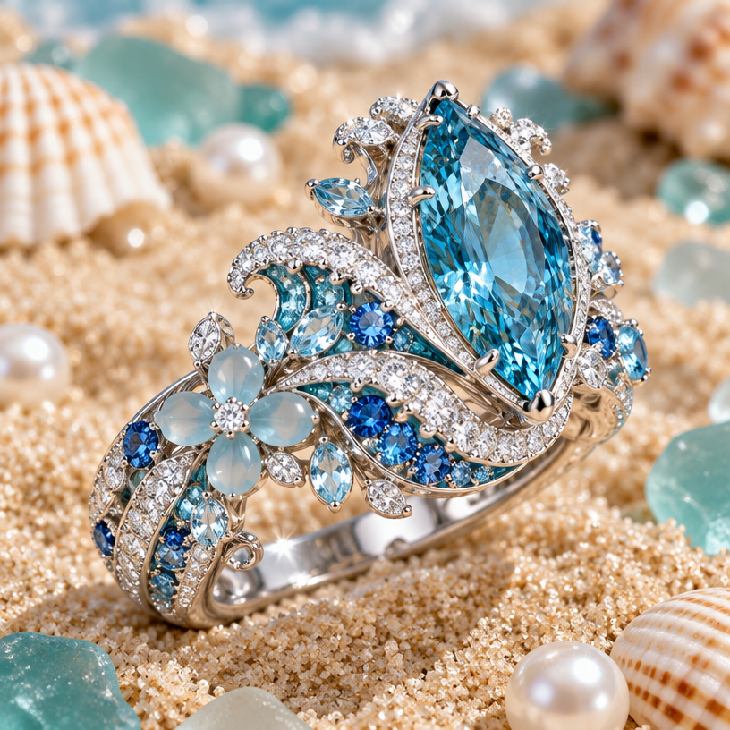 A women's ring, highly ornate, intricate and elaborate, richly detailed. OCEAN Theme and Aesthetics
The collection is designed with an oceanic and coastal theme, showcasing a gradient of blue gemstones that mimic the colors of the sea—ranging from pale aquamarine to deep ocean blue. The pieces are arranged on a sandy beach background scattered with white pearls, iridescent sea glass, and delicate seashells. The metalwork is entirely crafted in a brilliant platinum or white gold finish encrusted with pavé diamonds to resemble glistening sea foam.
💎 Detailed Breakdown of Jewelry Pieces
1. Statement Wave Necklace
• Design: An intricate, wave-inspired collar necklace featuring swirling filigree patterns that mimic rolling ocean currents.
• Gemstones: It is adorned with a cascading gradient of teardrop-shaped (pear-cut) blue topaz and aquamarine stones.
• Centerpiece: A large, prominent, vivid blue pear-cut gemstone hangs as the main focal drop.
2. Coral and Floral Tiara
• Design: Positioned at the top right, this headpiece mimics the delicate branching structures of sea coral.
• Gemstones: It is accented with frosted, semi-translucent soft blue and white chalcedony flowers, interspersed with small sparkling accent diamonds.
3. Ocean Wave Cuff Bracelet
• Design: A wide, elaborate bracelet located on the bottom left, featuring interlocking, fluid S-curves that represent overlapping waves.
• Gemstones: Densely packed with an ombré mix of deep sapphire-blue, swiss blue topaz, and light aquamarine round-cut stones mixed with pavé diamond borders.
4. Leaf and Vine Drop Earrings
• Design: A matching pair of long, dangling earrings featuring a vine-like or seaweed structure.
• Gemstones: Small marquee-cut diamonds form the delicate leaves, leading down to two matching, intense cerulean-blue teardrop gemstone drops.
5. Statement Rings (Two Pieces)
• Marquise Ring: A sharp, elongated marquise-cut aquamarine ring with a pavé diamond band, resembling a shimmering droplet of water.
• Emerald-Cut Ring: A classic, rectangular emerald-cut aquamarine ring surrounded by a double halo of brilliant-cut diamonds.
6. Delicate Vine Hand Chains / Wrap Bracelets (Two Pieces)
• Design: Positioned at the top left and bottom right, these are whimsical, flexible wraps designed to coil gently around the wrist or hand.
• Gemstones: They feature silver tendrils decorated with small round diamonds and five-petal blossoms made of translucent, pastel-blue sea glass material.
The set pieces
using the attached image as a visual reference, create A women's ring, highly ornate, intricate and elaborate, richly detailed. OCEAN Theme and Aesthetics
The collection is designed with an oceanic and coastal theme, showcasing a gradient of blue gemstones that mimic the colors of the sea—ranging from pale aquamarine to deep ocean blue. The pieces are arranged on a sandy beach background scattered with white pearls, iridescent sea glass, and delicate seashells. The metalwork is entirely crafted in a brilliant platinum or white gold finish encrusted with pavé diamonds to resemble glistening sea foam.
💎 Detailed Breakdown of Jewelry Pieces
1. Statement Wave Necklace
• Design: An intricate, wave-inspired collar necklace featuring swirling filigree patterns that mimic rolling ocean currents.
• Gemstones: It is adorned with a cascading gradient of teardrop-shaped (pear-cut) blue topaz and aquamarine stones.
• Centerpiece: A large, prominent, vivid blue pear-cut gemstone hangs as the main focal drop.
2. Coral and Floral Tiara
• Design: Positioned at the top right, this headpiece mimics the delicate branching structures of sea coral.
• Gemstones: It is accented with frosted, semi-translucent soft blue and white chalcedony flowers, interspersed with small sparkling accent diamonds.
3. Ocean Wave Cuff Bracelet
• Design: A wide, elaborate bracelet located on the bottom left, featuring interlocking, fluid S-curves that represent overlapping waves.
• Gemstones: Densely packed with an ombré mix of deep sapphire-blue, swiss blue topaz, and light aquamarine round-cut stones mixed with pavé diamond borders.
4. Leaf and Vine Drop Earrings
• Design: A matching pair of long, dangling earrings featuring a vine-like or seaweed structure.
• Gemstones: Small marquee-cut diamonds form the delicate leaves, leading down to two matching, intense cerulean-blue teardrop gemstone drops.
5. Statement Rings (Two Pieces)
• Marquise Ring: A sharp, elongated marquise-cut aquamarine ring with a pavé diamond band, resembling a shimmering droplet of water.
• Emerald-Cut Ring: A classic, rectangular emerald-cut aquamarine ring surrounded by a double halo of brilliant-cut diamonds.
6. Delicate Vine Hand Chains / Wrap Bracelets (Two Pieces)
• Design: Positioned at the top left and bottom right, these are whimsical, flexible wraps designed to coil gently around the wrist or hand.
• Gemstones: They feature silver tendrils decorated with small round diamonds and five-petal blossoms made of translucent, pastel-blue sea glass material.
The set pieces. photorealistic, just the design no text