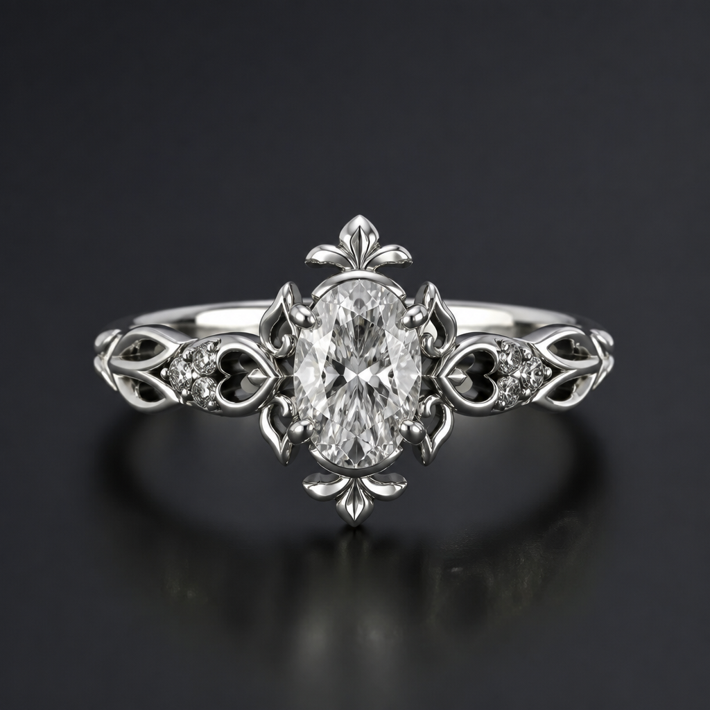 A gothic women's ring made of white gold with diamond stones suitable for wedding. A 0.70-carat oval diamond is used as the center stone.
photorealistic jewelry design, A gothic women's ring made of white gold with diamond stones suitable for wedding. A 0.70-carat oval diamond is used as the center stone., gothic style, just the design no text