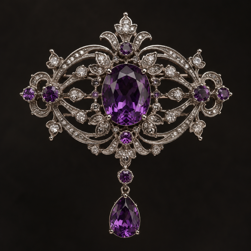 A victorian women's brooch made of platinum with amethyst stones suitable for formal
photorealistic jewelry design, A victorian women's brooch made of platinum with amethyst stones suitable for formal, victorian style, just the design no text