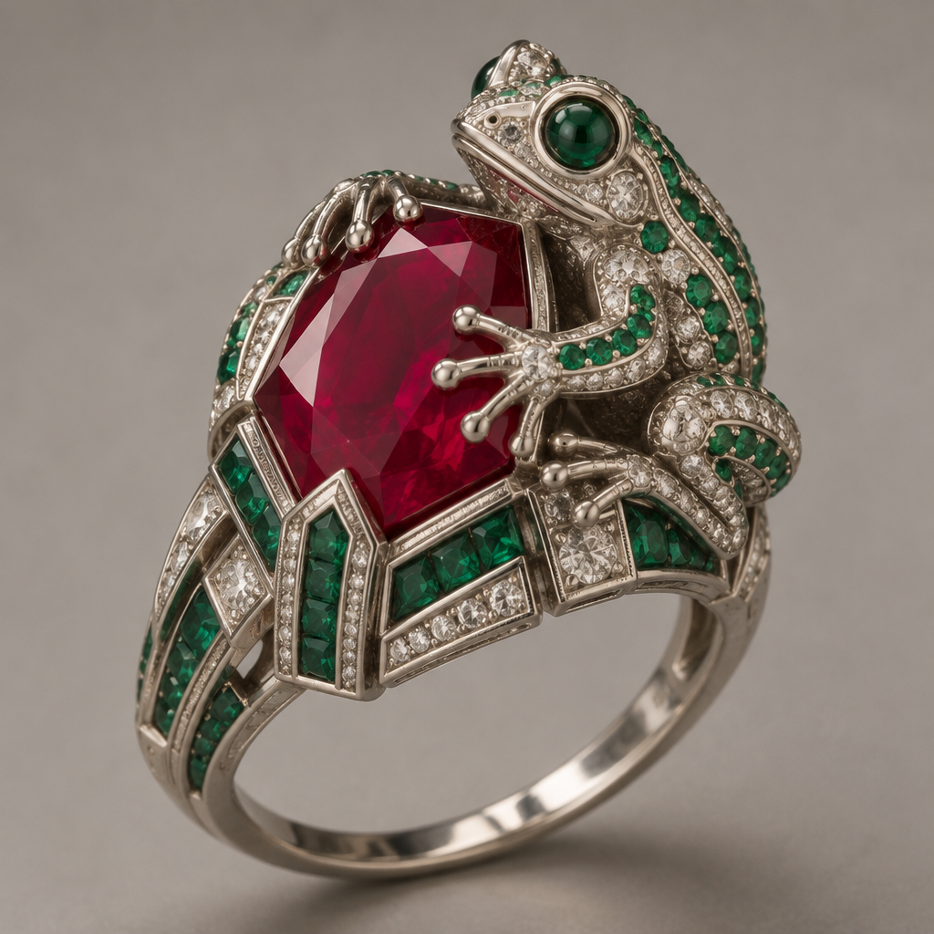 A art deco women's ring made of platinum with ruby and emerald stones, detailed and decorative, moderately ornate. Create a frog hugging the gemstone.
photorealistic jewelry design, A art deco women's ring made of platinum with ruby and emerald stones, detailed and decorative, moderately ornate. Create a frog hugging the gemstone., art_deco style, just the design no text