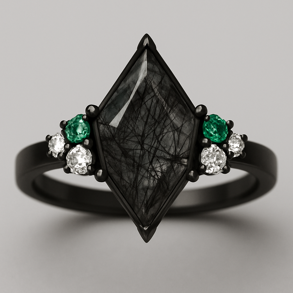 Kite cut Black rutilated quartz with 1 emerald on each side and 3 moissanite on each side accent stones in a cluster on a black band