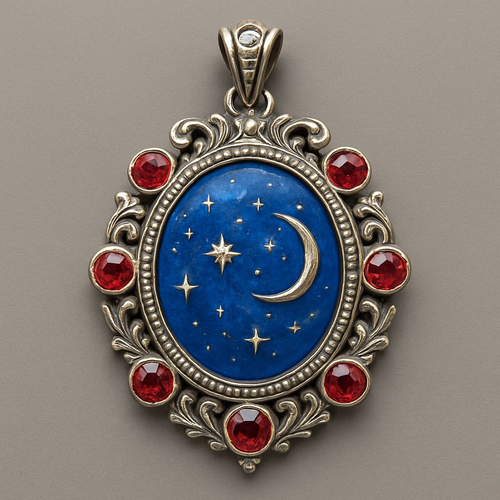 A blue oval shaped charm that looks like sky, stars in it. Covered with silver, the blue charm has red rubies around it. 