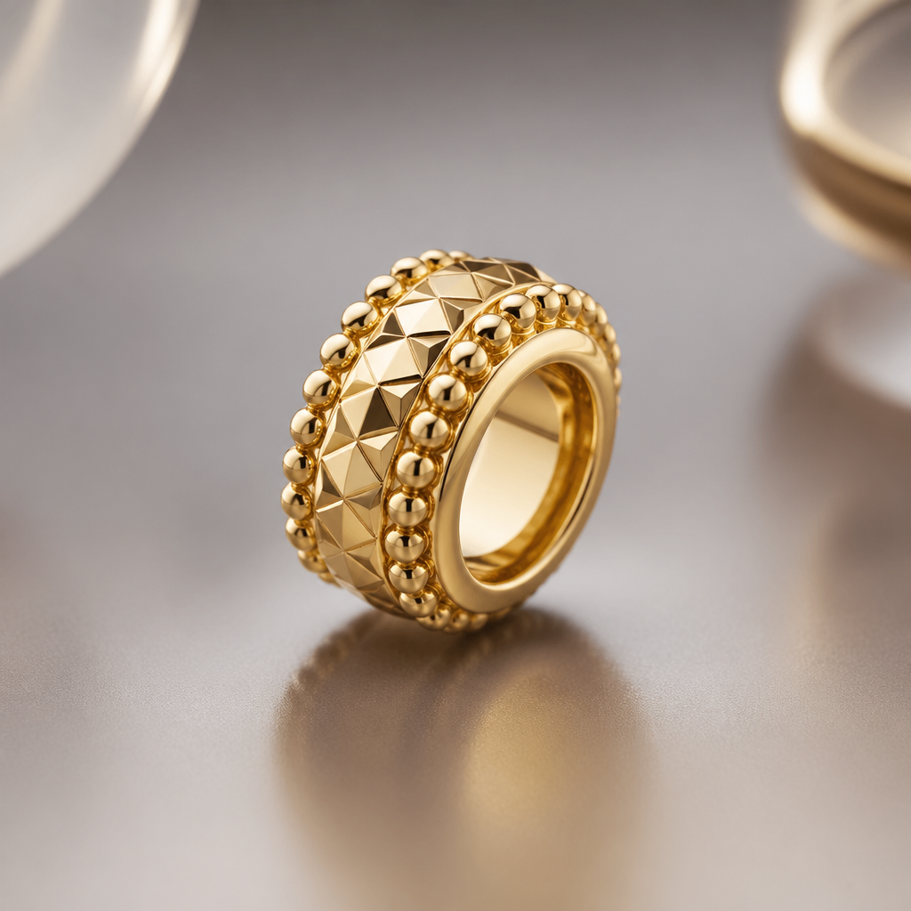 A modern women's ring made of gold. 비즈팔찌에 들어가는 론델 . 창의적이고 천연석에어울리는 디자인
photorealistic jewelry design, A modern women's ring made of gold. 비즈팔찌에 들어가는 론델 . 창의적이고 천연석에어울리는 디자인, modern style, just the design no text