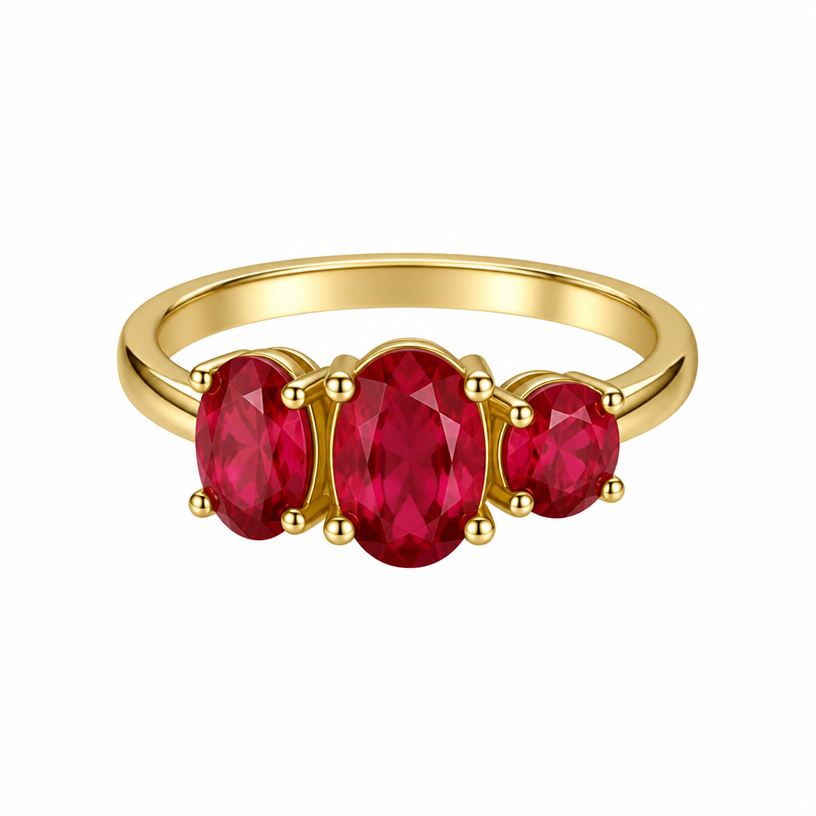 A women's ring made of gold with ruby stones suitable for birthday. 3 stones, same size, 1 round 2 oval,
using the attached image as a visual reference, create A women's ring made of gold with ruby stones suitable for birthday. 3 stones, same size, 1 round 2 oval,. photorealistic, just the design no text