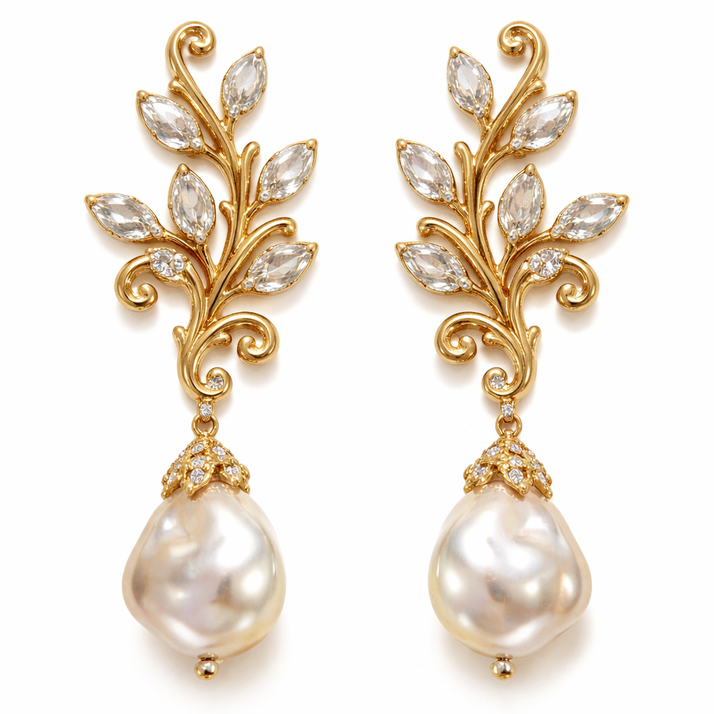 Gold pearl drop earrings with white sapphire stones and make it look like a olive branch