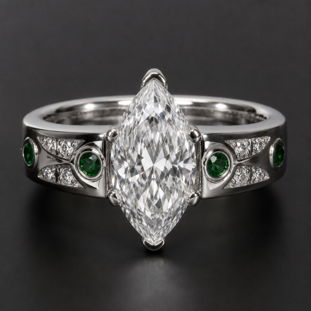 2ct marquise diamond with thick silver band and small diamond\ green accents
photorealistic jewelry design, 2ct marquise diamond with thick silver band and small diamond\ green accents, just the design no text