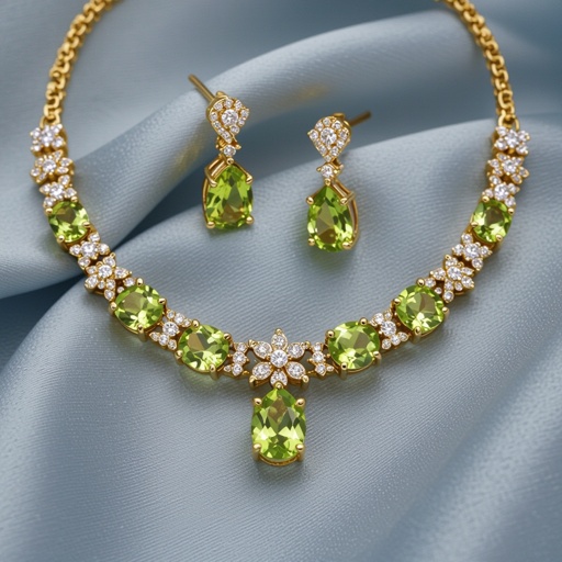 Necklace and earring with peridot and diamond with gold