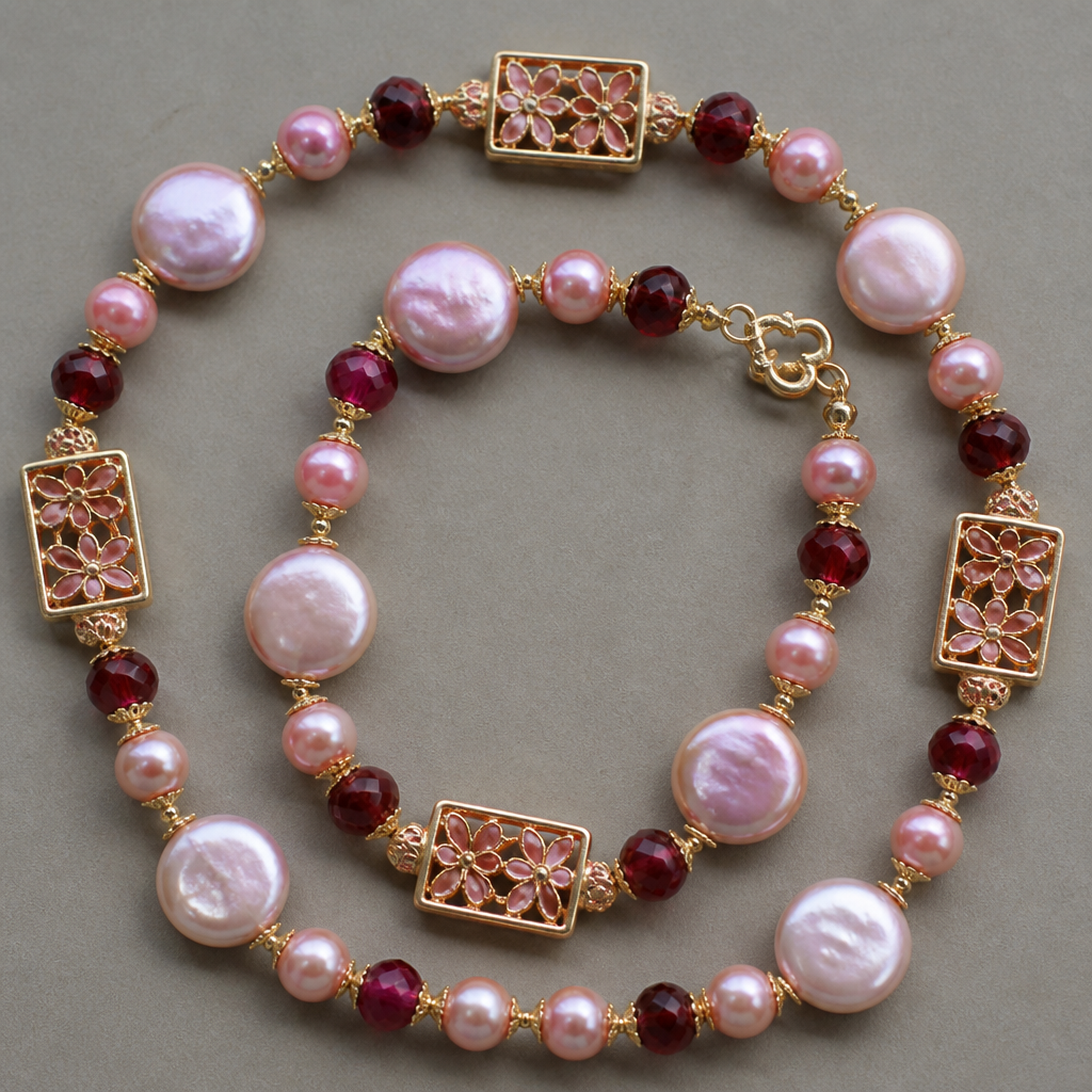 8mm coin pearls pink luster, pink luster round pearls 6mm, garnet spacers 4mm rounds. Gold filigree cloisonné rectangle beads with pick enamel
photorealistic jewelry design, 8mm coin pearls pink luster, pink luster round pearls 6mm, garnet spacers 4mm rounds. Gold filigree cloisonné rectangle beads with pick enamel, filigree style, just the design no text