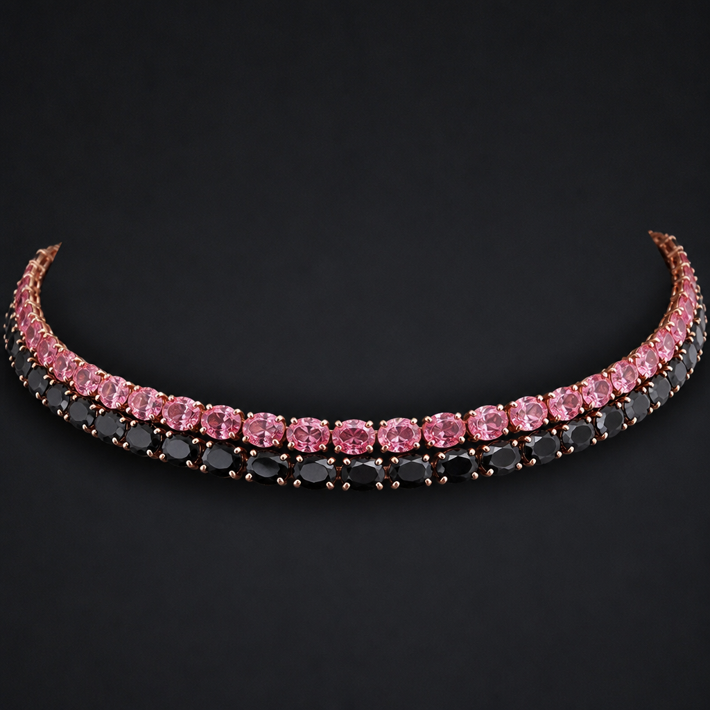 Double row pink and black diamonds
photorealistic jewelry design, Double row pink and black diamonds , choker style, just the design no text