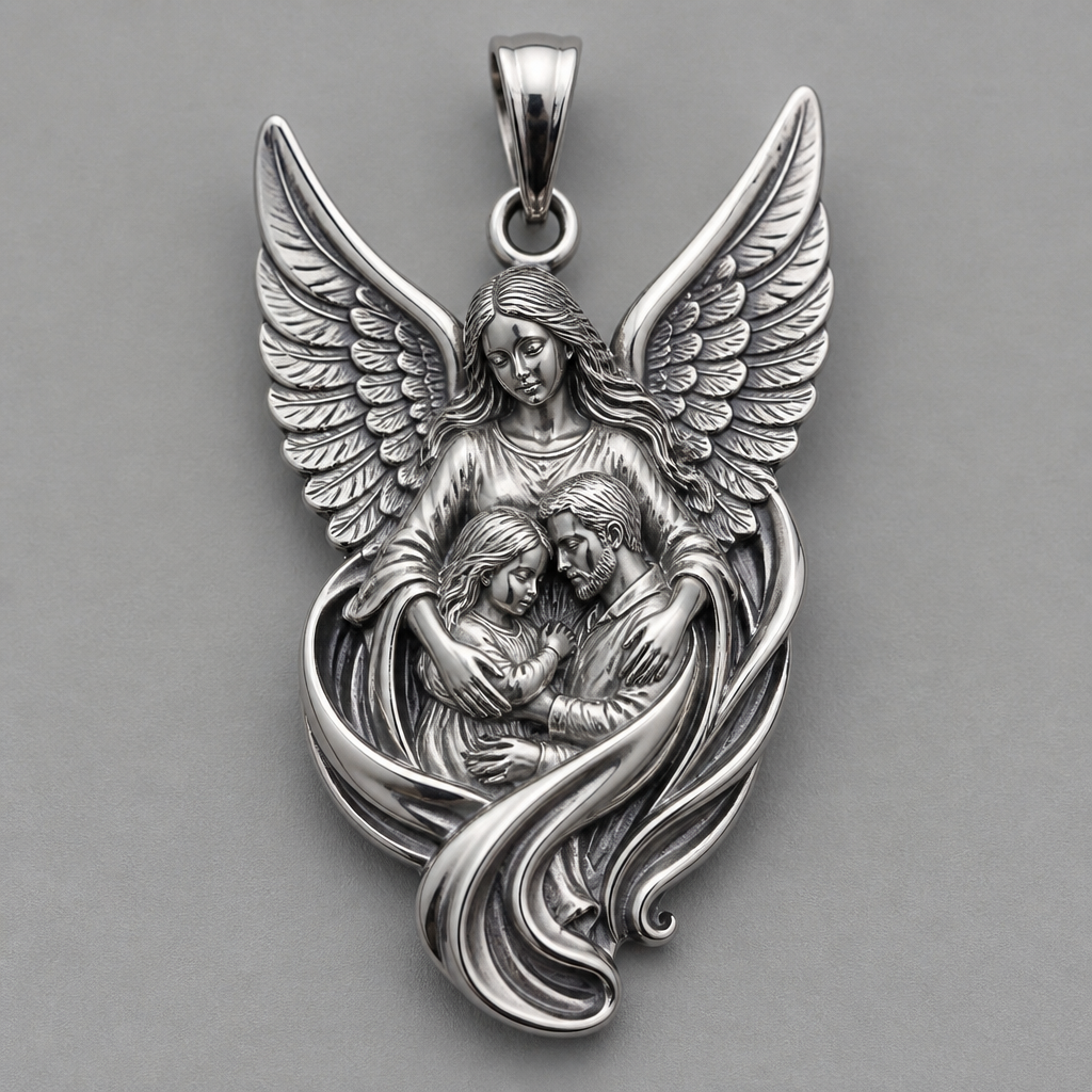A modern women's pendant made of silver suitable for festival. An extraordinary excellent beautiful delicate and elegant pendant with the Guardian Angel with a beautiful delicate and elegant face, with long hair, with big wings flying, with a beautiful delicate elegant and with beautiful curves at her body, with a beautiful delicate and elegant tunic holding a child and an adult with its hands protecting them and guiding them on the way of the Holy Trinity.