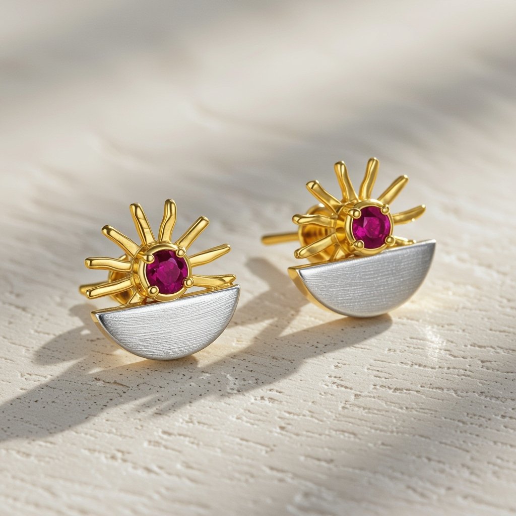 Золотые серьги полукруг половинка горящего солнца мятое неровное золото лучи волнистые другая половинка круга серебряная 