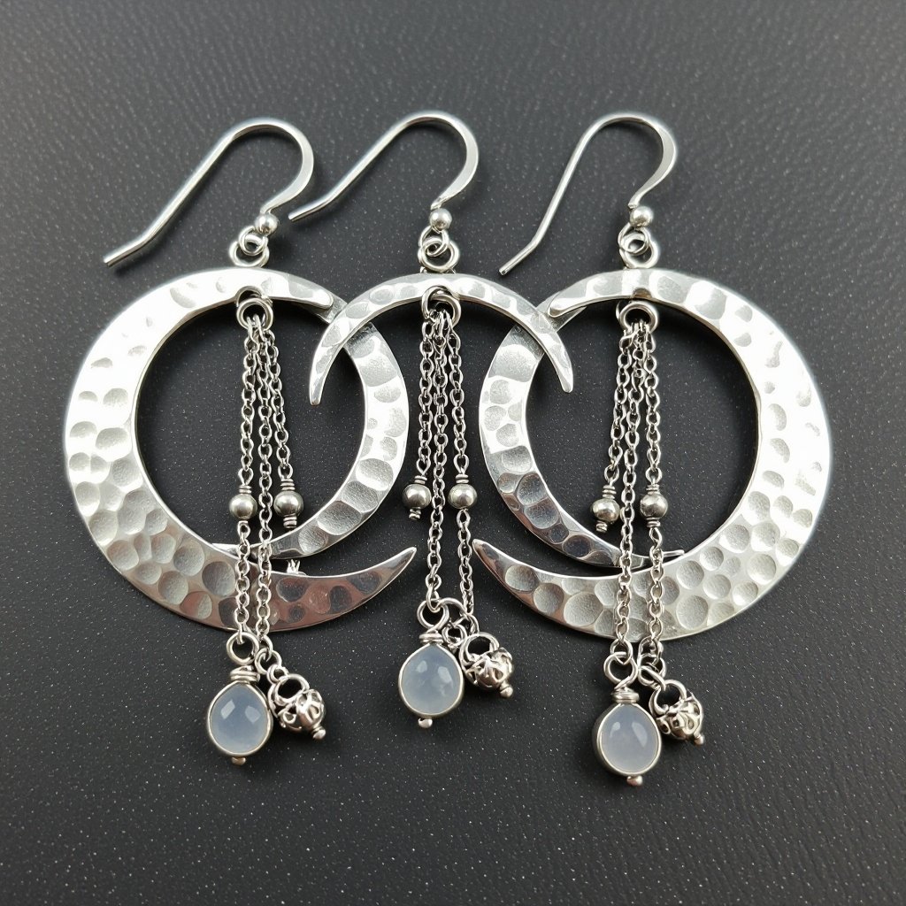 Серебряные серьги словно мятое сер ебро в форме полумесяца. Верхушка полумесяца крепится к застежке серьги.  От полумесяца идет три цепочки, у каждой на конце мелкий камушек лунный камень