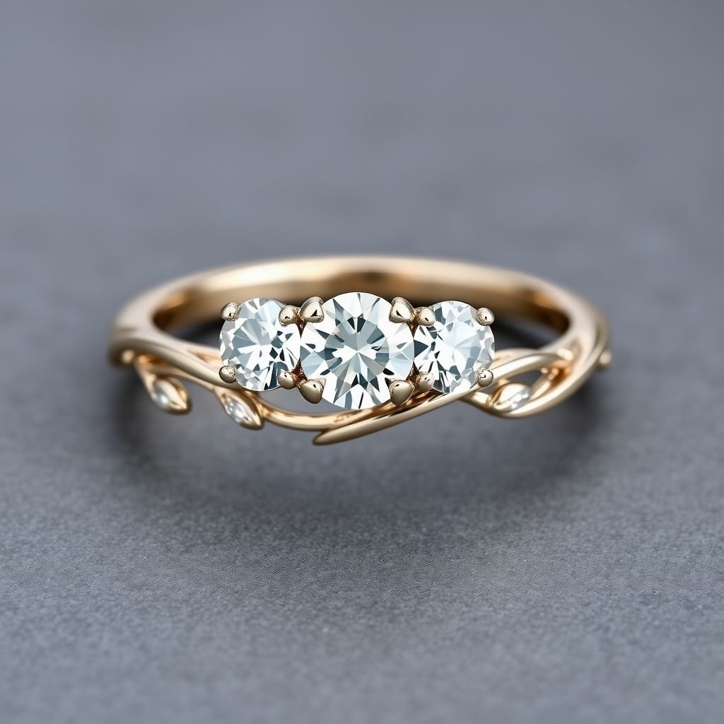 Engagement ring with 3 round stones that is nature inspired with vines in the band and little marquis diamonds as leaves with a unique asymmetrical design mirrored on either side.
Design a modern engagement ring featuring three sparkling round stones, elegantly set in a sleek, asymmetrical band. Incorporate nature-inspired elements with delicate vine motifs intertwining around the shank. Adorn the design with sparkling marquise diamonds that mimic leaves, creating a refined yet contemporary aesthetic, perfect for today's modern romantic.