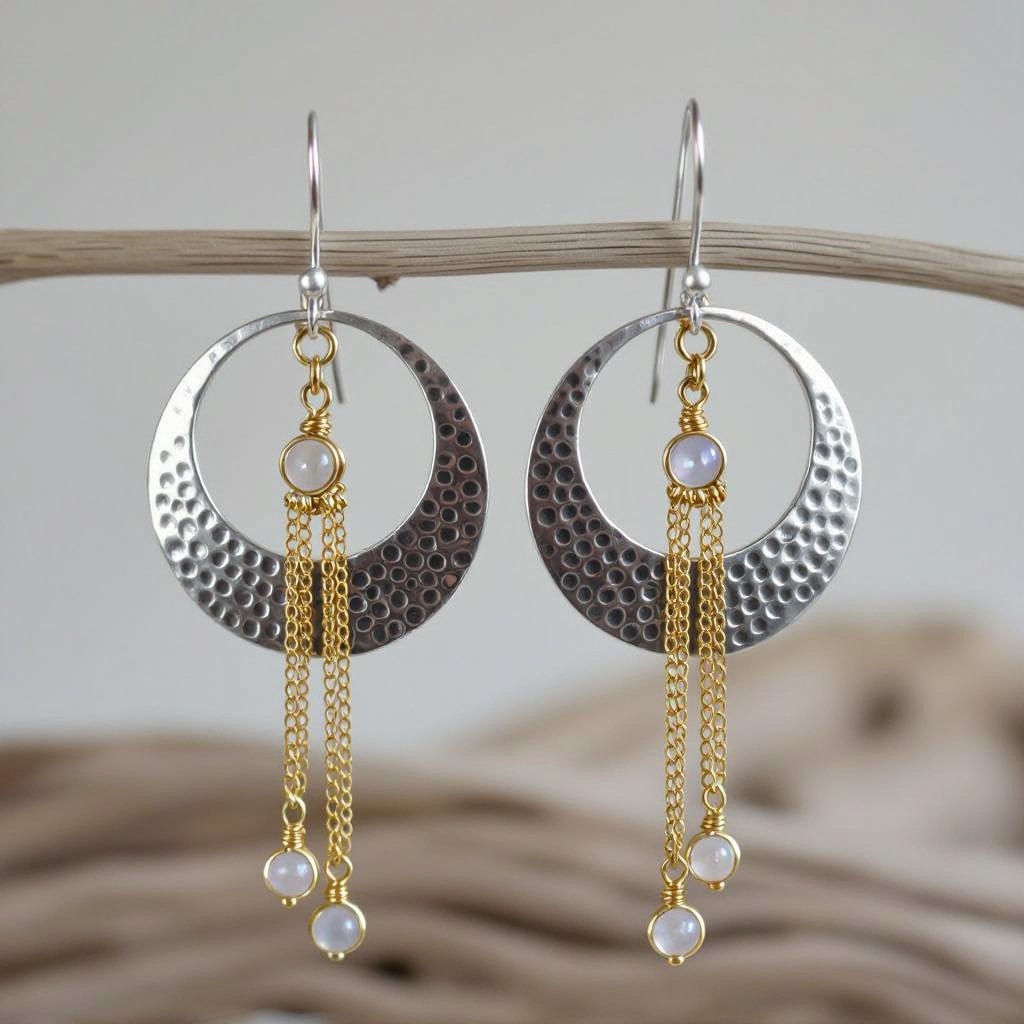 Серебряные серьги словно мятое серебро в форме полумесяца. Верхушка полумесяца крепится к застежке серьги.  От полумесяца идет три цепочки золотого цвета, у каждой на конце мелкий камушек лунный камень