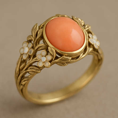 I want a fairy forest garden theme ring , I want a peach coral like gemstone that in the middle with either vines/leafs or flower wrapping about the band or is the band itself , I want the tinier gems to be a opal white color I want either a gold or white gold band. 