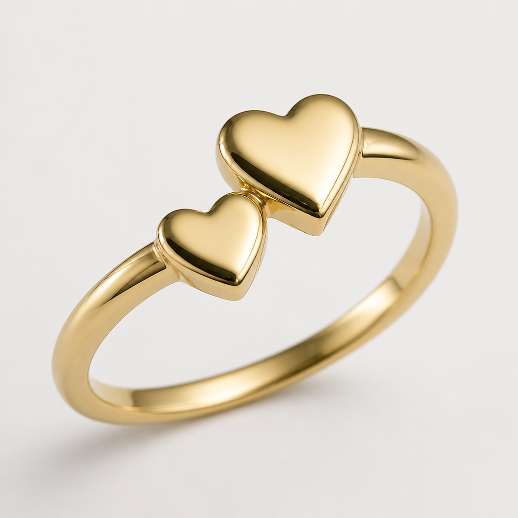A women's ring. un anillo dorado con dos corazones
photorealistic jewelry design, A women's ring. un anillo dorado con dos corazones, modern style, just the design no text