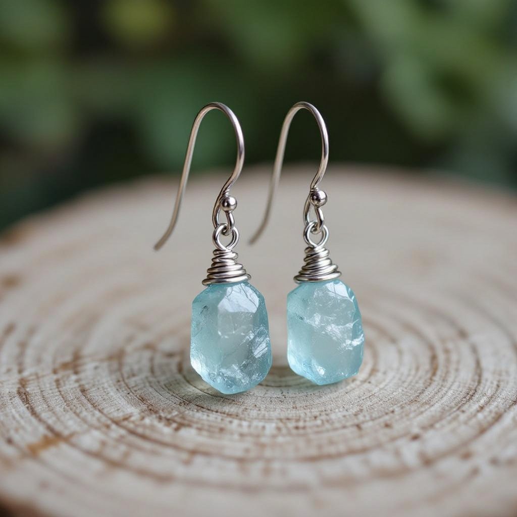 Серьги в виде небольшого кристалла необработанного бледного аквамарина в виде длинного кристалла