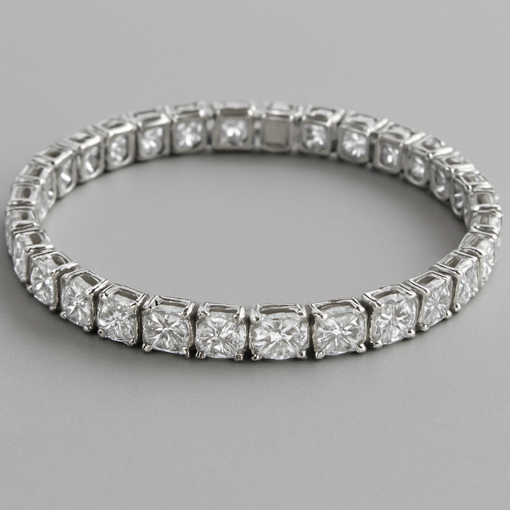 Diamond tennis bracelet set with oval, round and square shaped diamonds All the same size just a different shape Dense as silver One carat each diamond