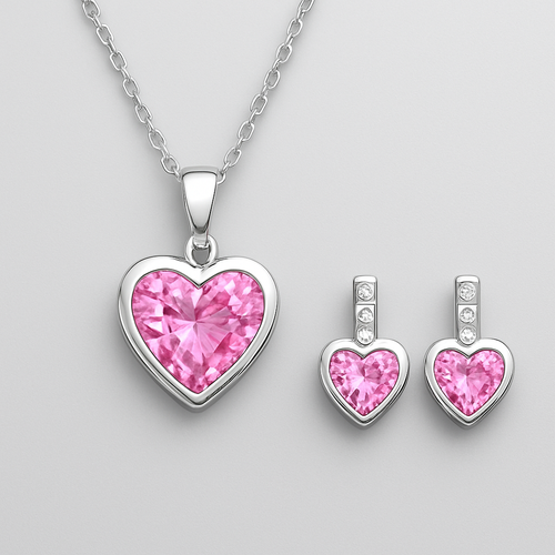 This elegant jewellery set features heart-shaped pink gemstones as the focal point, symbolizing romance and grace.
Delicate silver chains with small round white stones add sparkle and movement.
The matching necklace and earrings create a balanced, modern yet feminine look.
Perfect for romantic occasions, it embodies soft luxury and timeless charm.