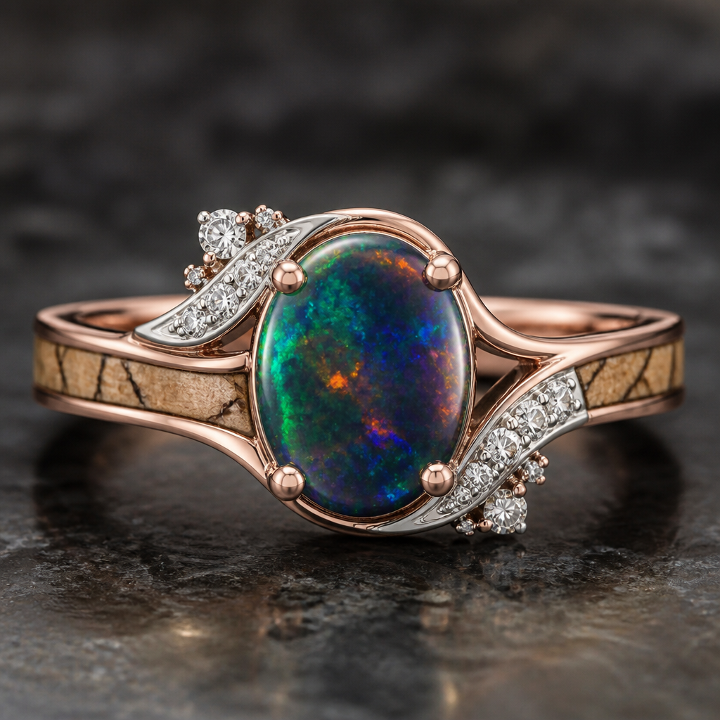 A slim Engagement ring band with spralted oak sandwiched between rose gold with a 6ct vivid black opal with diamonds on opposite corners swooping in and surrounding it
photorealistic jewelry design, A slim Engagement ring band with spralted oak sandwiched between rose gold with a 6ct vivid black opal with diamonds on opposite corners swooping in and surrounding it, mixed_metal style, just the design no text