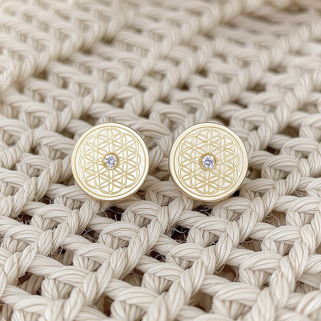 Пуссеты винтовой замок круглый символ цветка жизни с маленьким фианитом по центру