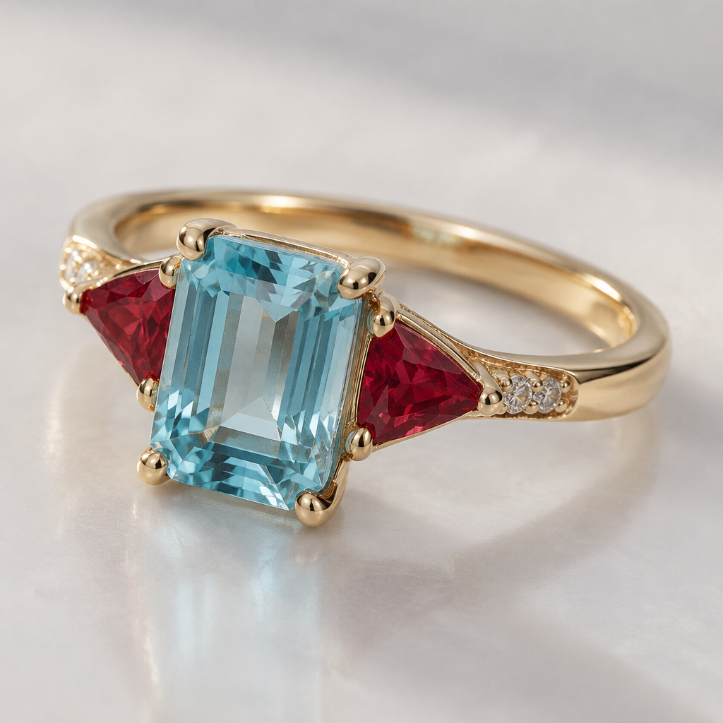 A contemporary women's ring with aquamarine and ruby stones suitable for engagement
photorealistic jewelry design, A contemporary women's ring with aquamarine and ruby stones suitable for engagement, contemporary style, just the design no text