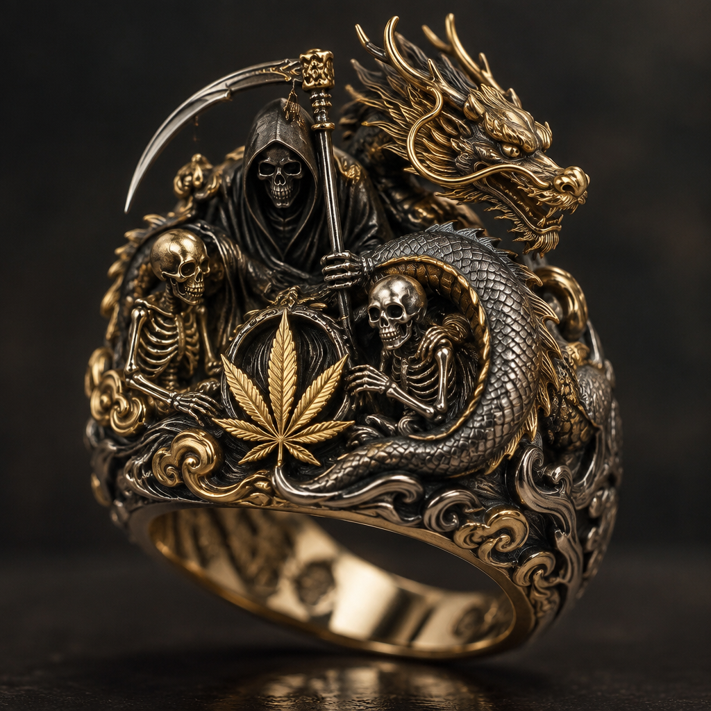 A asian-inspired women's ring made of mixed metal suitable for formal. a dragon with a potleaf a reaper and 2 skeltons
photorealistic jewelry design, A asian-inspired women's ring made of mixed metal suitable for formal. a dragon with a potleaf a reaper and 2 skeltons, asian_inspired style, just the design no text