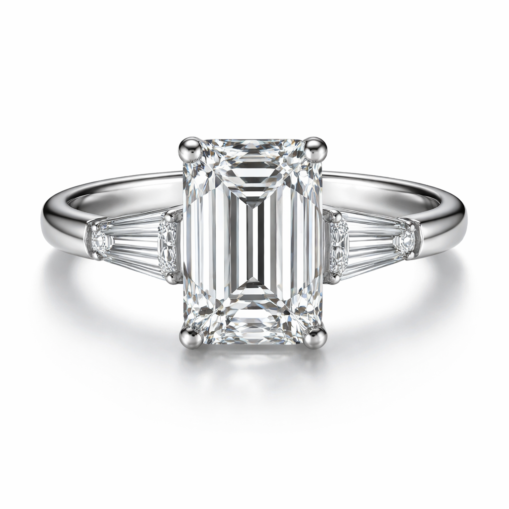 elegant 3 ct emerald cut diamond with both side tapperd baguette cut diamond