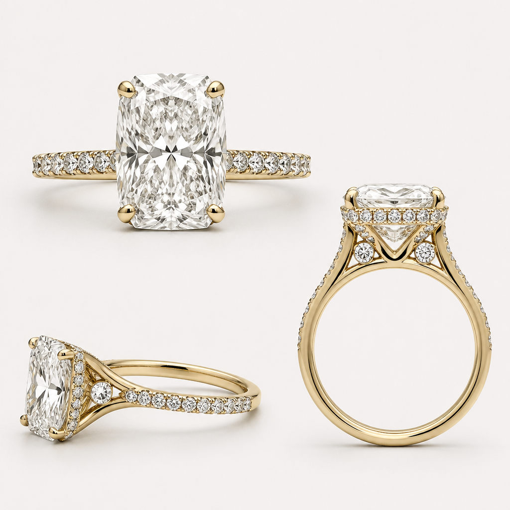 Design a luxury engagement ring featuring a 2.5–3 carat elongated radiant (or elongated cushion) center diamond with a length-to-width ratio around 1.3–1.4.
The setting should be a cathedral style, with elegant arches rising from the band to support the center stone. Include a hidden halo beneath the center stone with small pavé diamonds for subtle sparkle.
Use a thin (1.6–1.8 mm) yellow gold band with pavé diamonds halfway down the shank. The design should feel delicate, refined, and timeless, with a strong focus on the center stone.
Incorporate two heirloom round diamonds (totaling approximately 0.5 carats) into the design in a subtle and meaningful way. These should NOT be used as side stones. Instead, place them within the hidden halo or inner gallery beneath the center stone so they are not visible from the top view but can be seen from the side.
Use claw prongs and a slightly elevated basket that allows a wedding band to sit flush. Avoid bulky or heavy proportions.
photorealistic jewelry design, just the design, no text, Design a luxury engagement ring with a 2.5–3 carat elongated radiant or elongated cushion diamond in yellow gold. Cathedral setting with a hidden halo of pavé diamonds. Thin 1.6–1.8 mm yellow gold band, pavé diamonds halfway. Two heirloom round diamonds subtly placed in the hidden halo or inner gallery. Claw prongs, elevated basket.