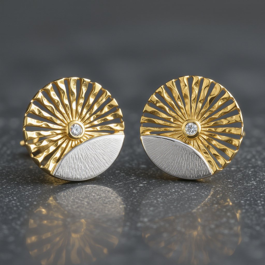 Золотые серьги полукруг половинка горящего солнца мятое неровное золото лучи волнистые другая половинка круга серебряная 