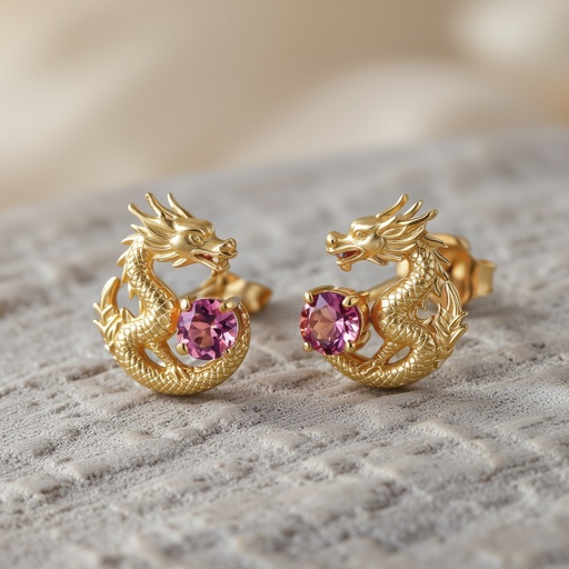 Золотые матовые серьги с изображением дракона узоры и камни мелкие раузтопаз