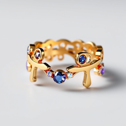 Create a gold full eternity ring with ankh shaped claws 