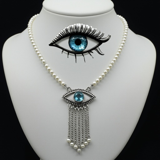 Тонкая цепочка с серебряными шариками и мелкими жемчужными камушками на цепочке есть кулон в форме глаза, зрачок глаза из аквамарина от глаза идет маленькая подвеска с серебряными цепочками разной длины