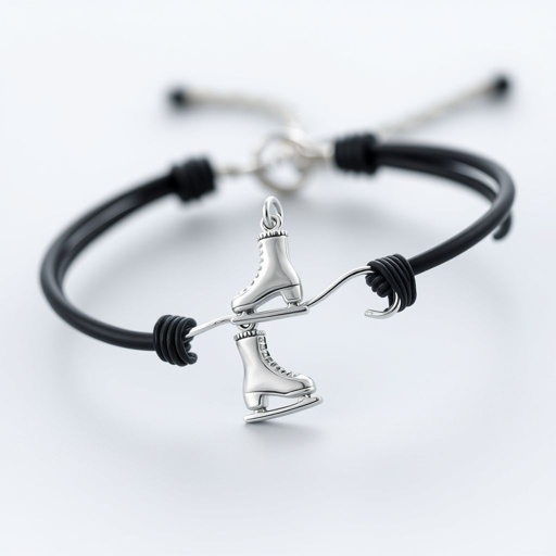 Bracelet black leather with silver ice skate and turquoise stripe inside the low thin part blade