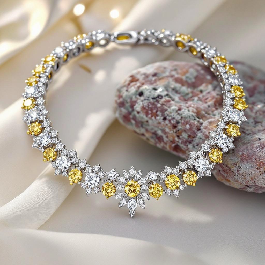 Architecture geomatric bold Curvy and abstract edges of architecture necklace of white diamonds and yellow diamonds