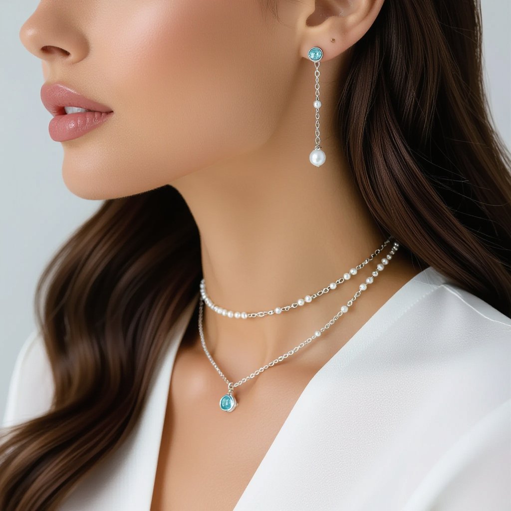 Тонкая цепочка с серебряными шариками и мелкими жемчужными камушками на цепочке есть кулон в форме глаза, зрачок глаза из аквамарина от глаза идет маленькая подвеска с серебряными цепочками разной длины