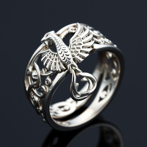 A platinum segnit ring with a Celtic phoenix and trinity knot symbol on it for women 
