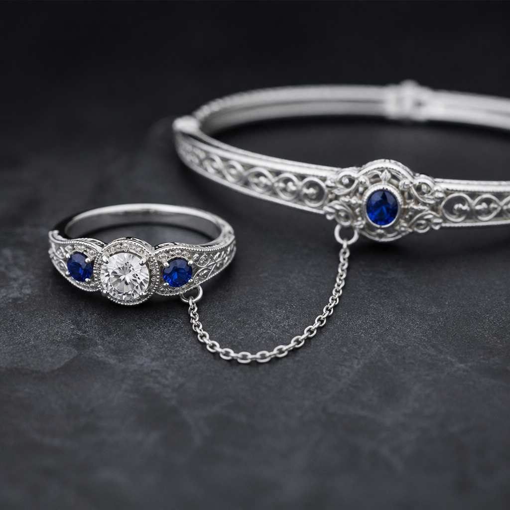 A silver ring with diamond in the middle sapphires in the sides and beautiful sides on the silver. Refinement: chain attach from ring to bracelate
photorealistic jewelry design, A silver ring with diamond in the middle sapphires in the sides and beautiful sides on the silver. Refinement: chain attach from ring to bracelate, just the design no text
