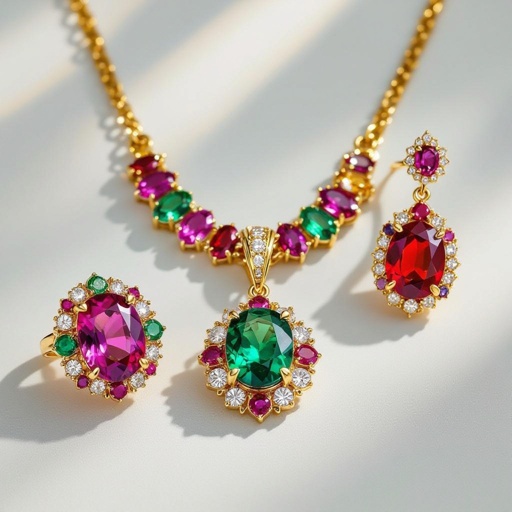 Necklace and ring and earring with luxury colorful jewel with gold