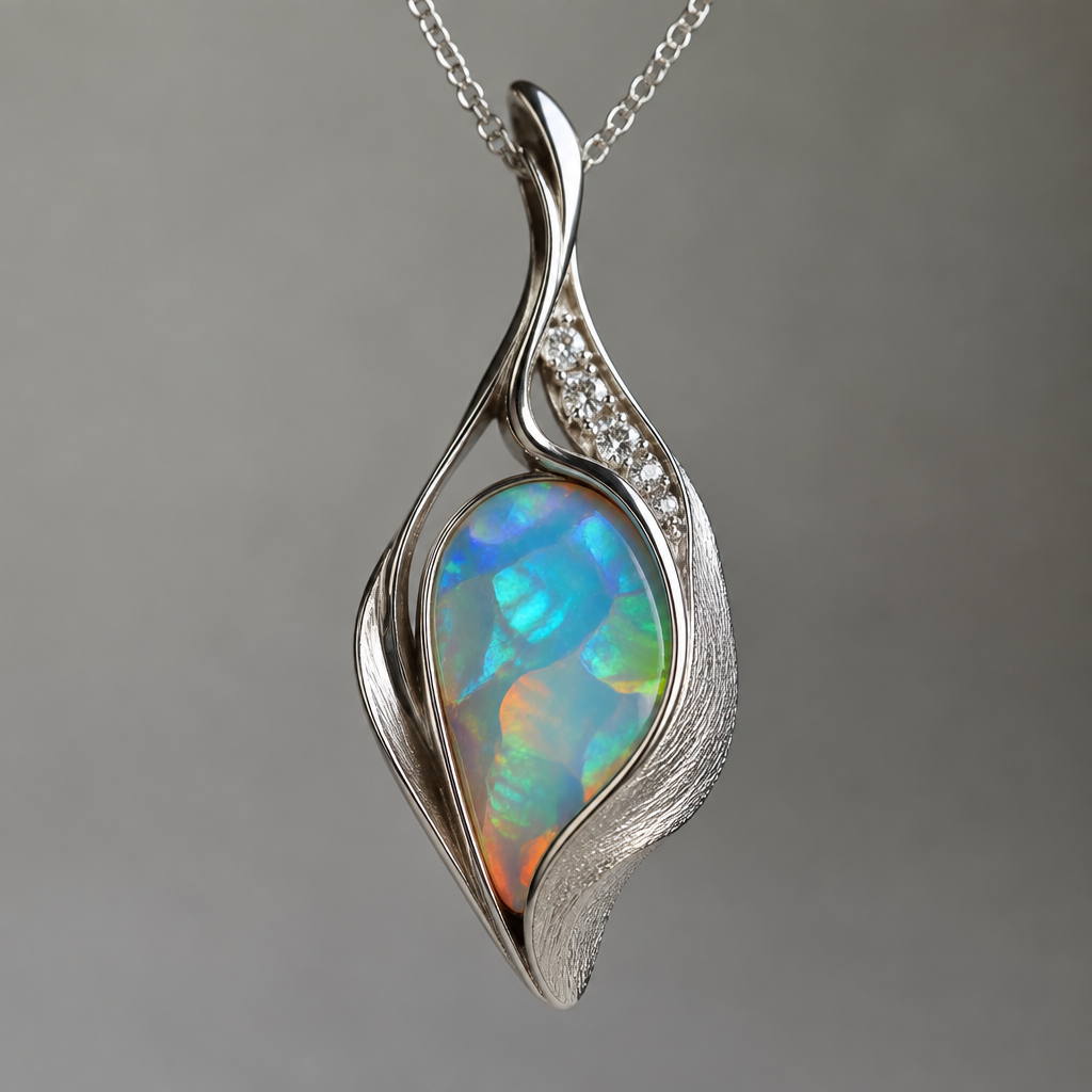 A contemporary, wearable art silver pendant with an opal
photorealistic jewelry design, A contemporary, wearable art silver pendant with an opal, bespoke style, just the design no text
