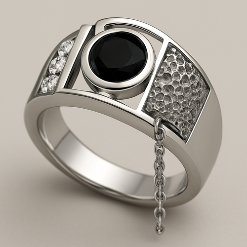 Modern ring with diamonds, onyx and elements such interesting textural elements and gave a hanging chain 