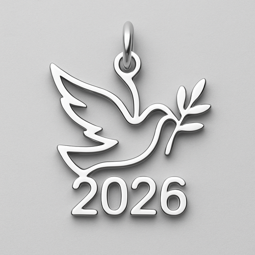Slim Silver cut-out charm blending together only the two spread out wings of a bird, an olive branch and  along year 2026